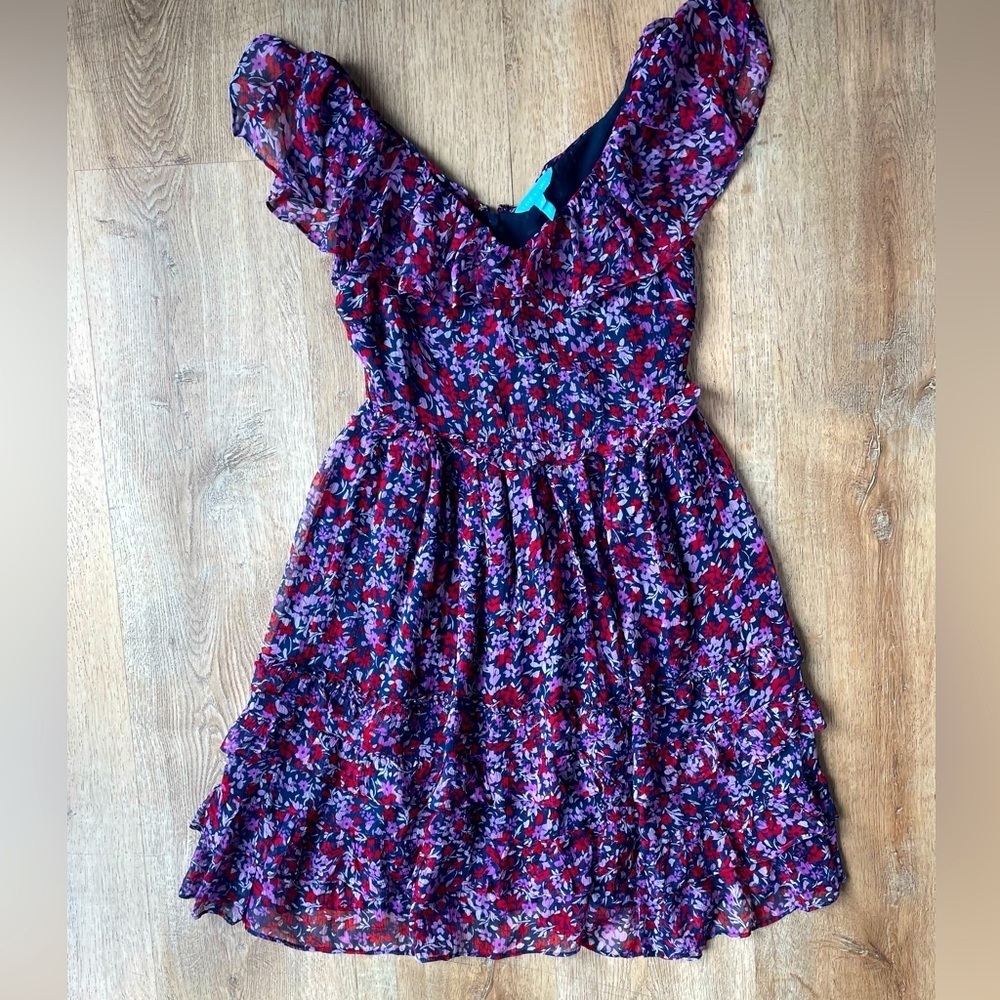 Draper James Ruffle Floral Chiffon Dress Navy Red Purple Print Size 2